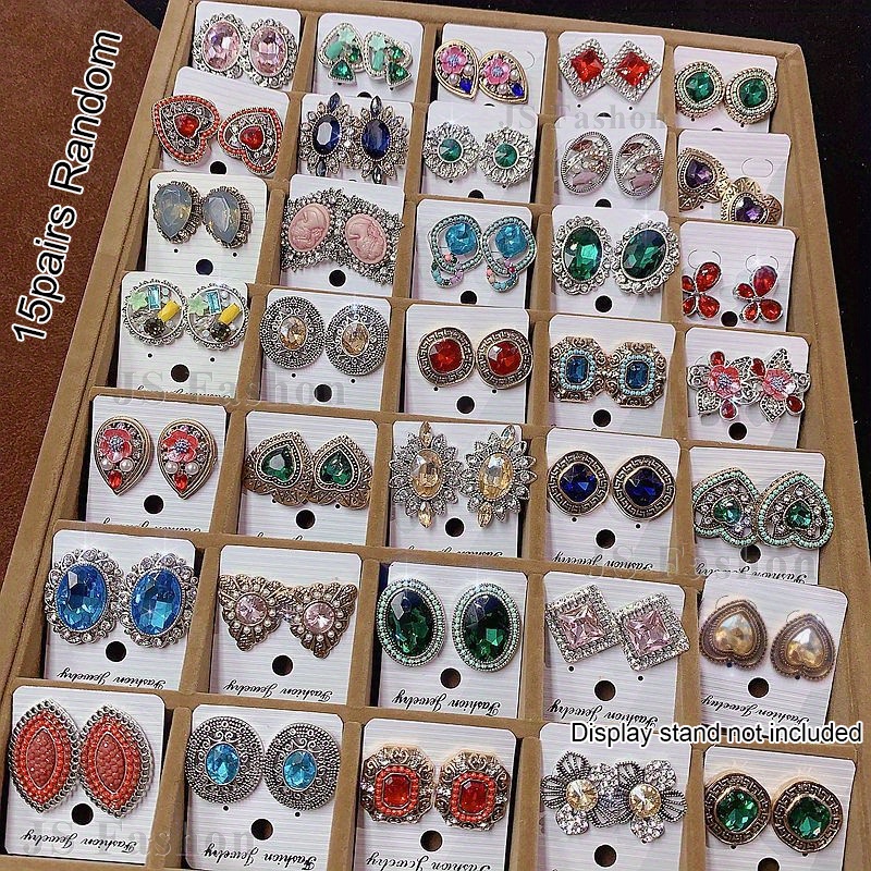 

15pairs Elegant Vintage-inspired Stud Earrings, Inlaid Zirconia Rhinestone With Non-plating , Classic Court Style For Women, For Daily And Gift All