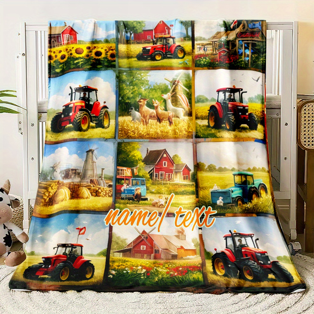 TEMU Customizable Pastoral Farm Life Throw Blanket - 1pc Personalized Name, Tractor & Farm Animals Design, Soft Flannel Fleece, No Feathers,