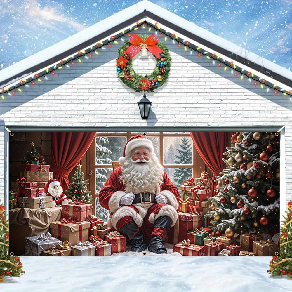 

2d Door Banner 1pc Winter Santa Claus Polyester Garage Door Banner - , Easy To Hang, Multipurpose Outdoor Holiday Decoration For Christmas, New Year, Carnivals - No Electricity Needed