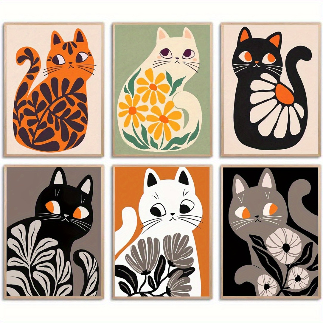 

Room Decor 6pcs Set Cat Art Prints, 8x10 Inches, Modern Black Cat & Floral Illustrations, Cute Medieval Style Home Wall Decor, Treasure Cat Collection