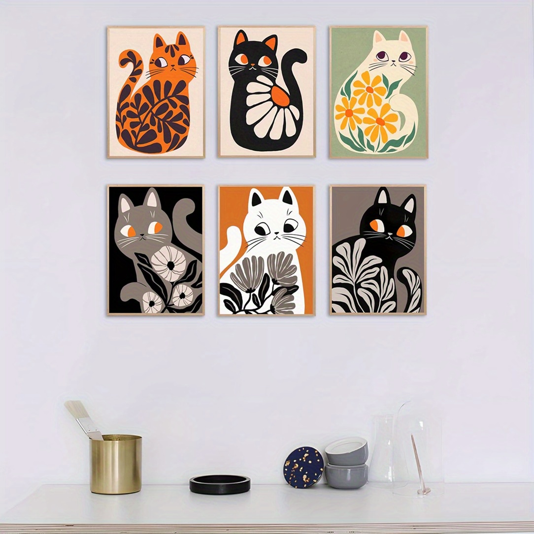TEMU Mural Chat Plat 2D, 2D Plat, Cadre, 6 pièces, Décoration d'intérieur Médiéval Moderne, d'art Chat, Plantes d'intérieur Facile Décoration Murale
