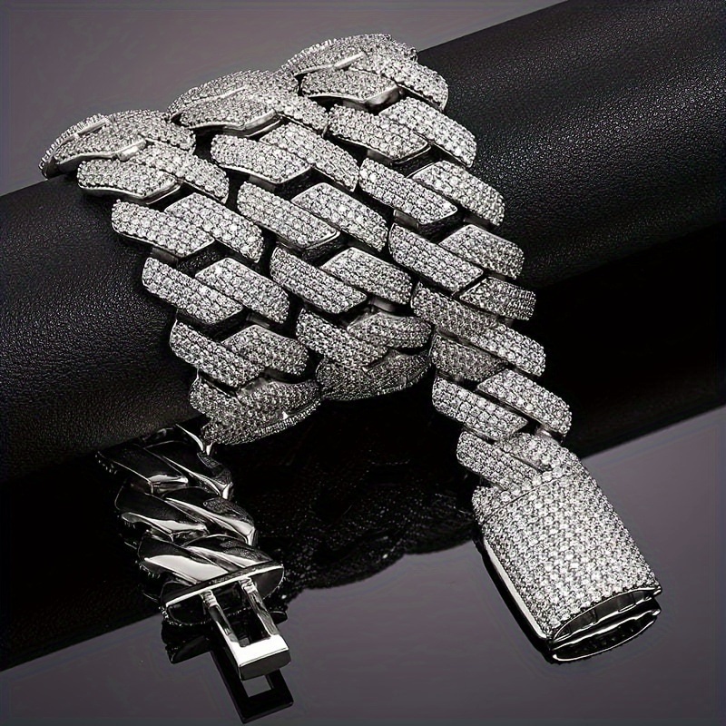 TEMU New 1pc 90g 925 Sterling Silvery Plated Moissanite Cuban Chain Men's Gift, Suitable For Daily Wear Valentine's Day Birthday Gifts, High Quality,