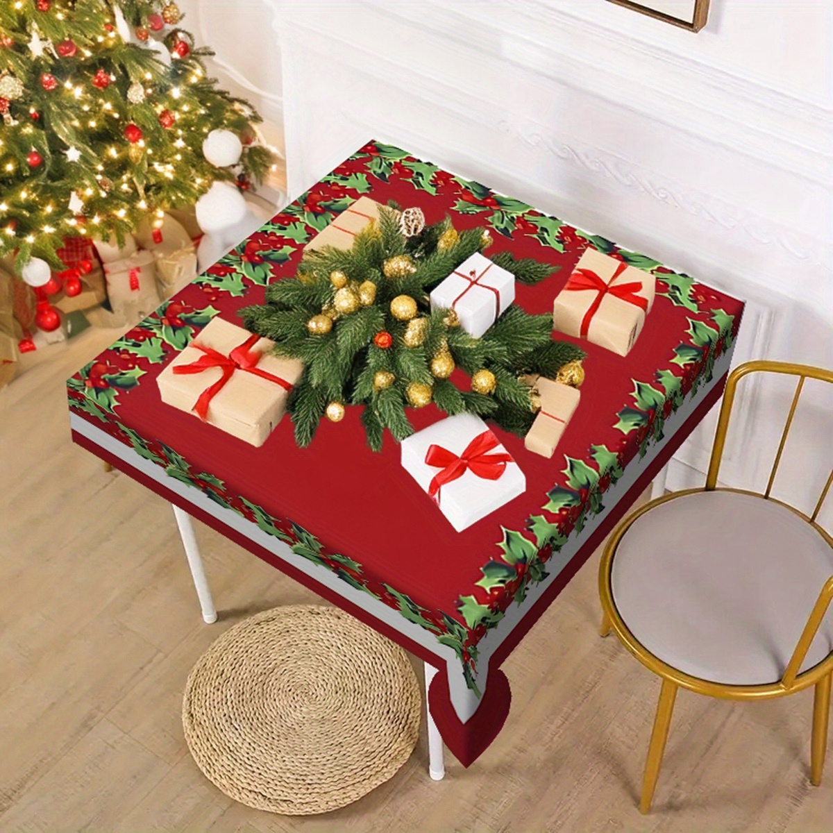 TEMU 1pc Christmas Tablecloth, & Leaf Design, Stain Resistant, Erasable, Waterproof, Easy To Clean, Polyester, Machine Woven, Square, For Kitchen, Restaurant, Party, Holiday, Indoor & Outdoor Use