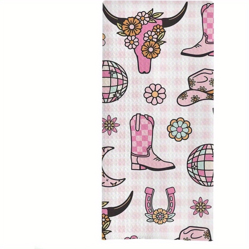 

Pink Christmas Cowgirl Kitchen Towel - Vintage Western Disco Bull Design, Dish & Bathroom Decor, Machine Washable Polyester, 18x26 Inches, Christmas, Western Kitchen Towel, Vintage, Cowgirl Bull