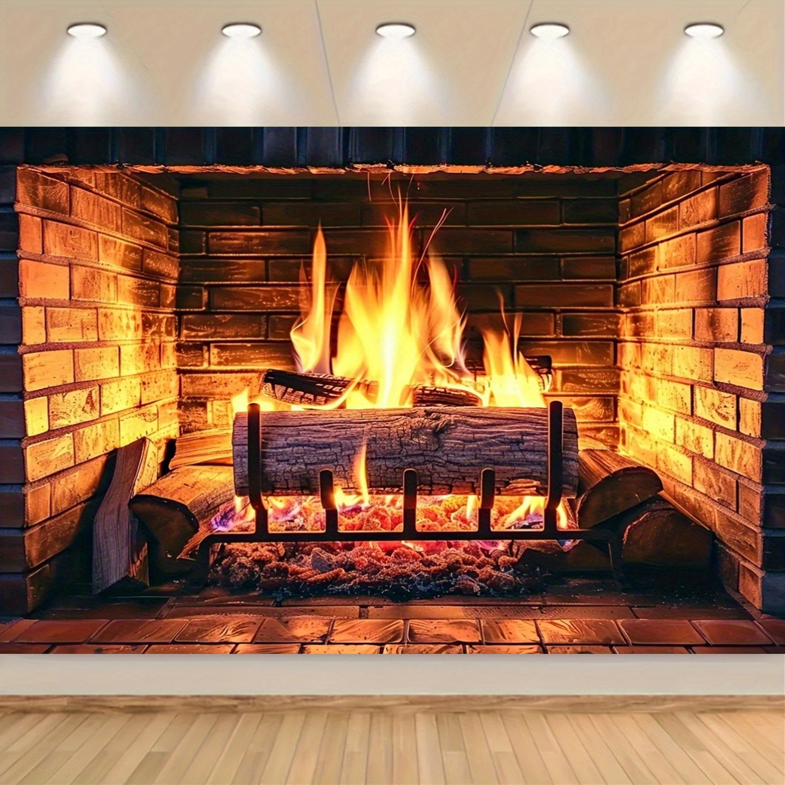 

1pc Polyester Fireplace Backdrop With Flaming Firewoods, Universal Fit For Tailgating, Camping, Bbq Parties, Photo Booth Decoration - No Electricity Needed