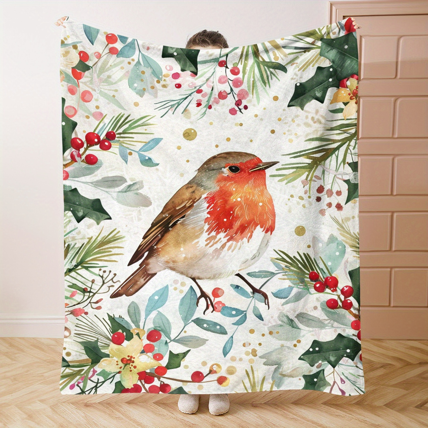 

Christmas Robin Bird Print Soft Flannel Throw Blanket - Cozy Lightweight Throw For Bed, Sofa, Office, Travel - Polyester Flannel Knitted Fabric, 200-250 Gsm