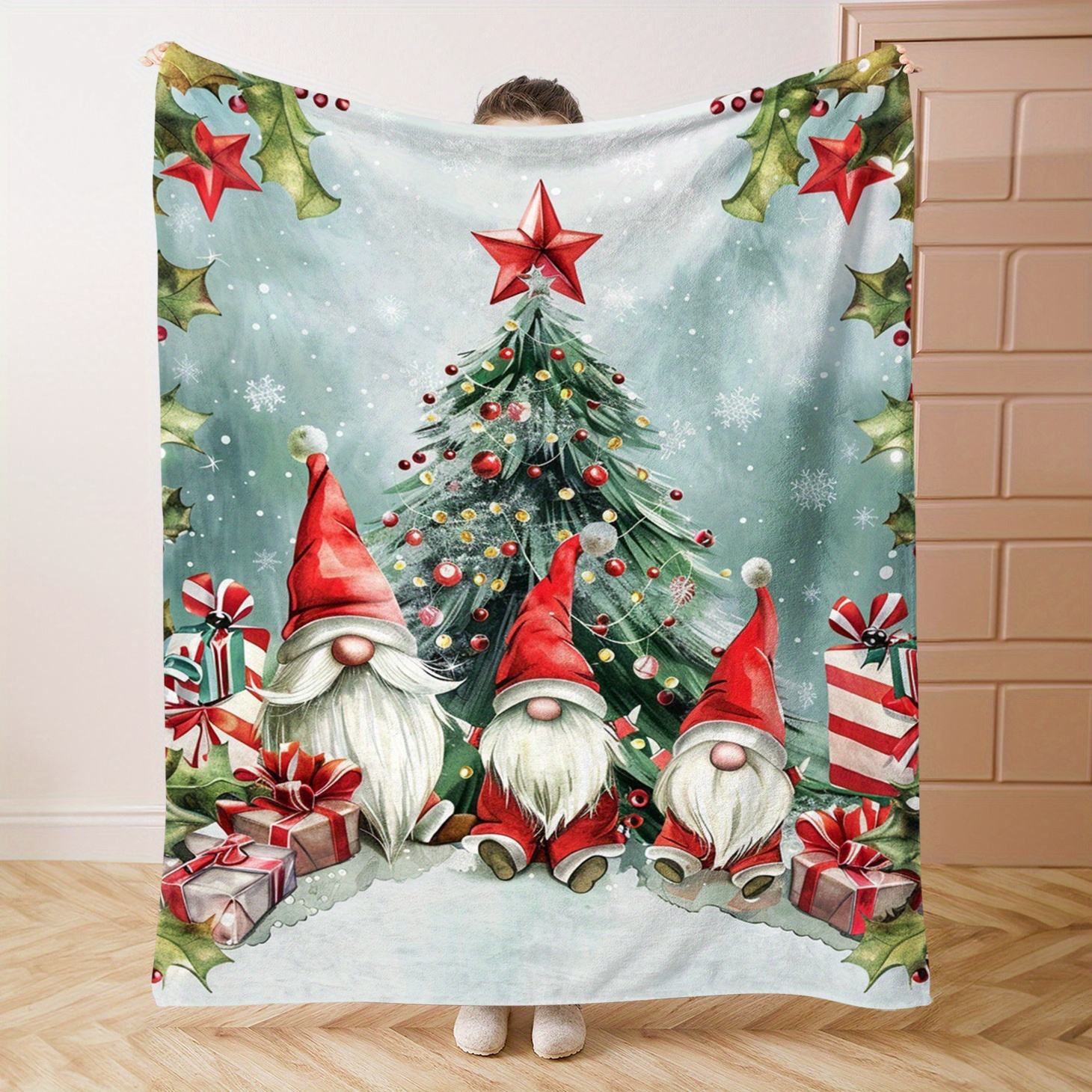 

Contemporary Christmas Theme Flannel Throw Blanket - 1pc Color Polyester Knitted Blanket With , For Bed, Sofa, Office, Camping, Travel - All