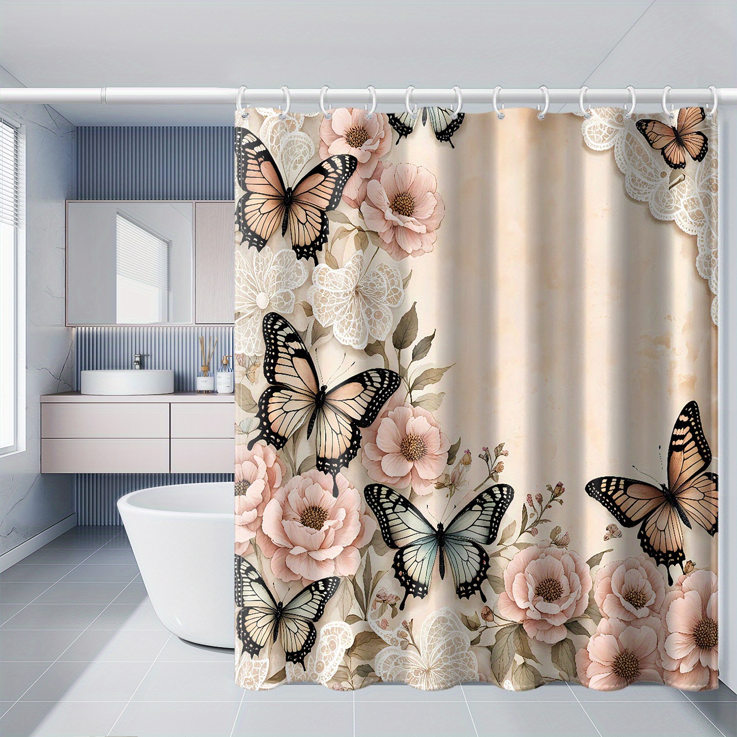 TEMU 1 pièce Rideau de douche rose à imprimé papillon avec crochet, pour fenêtres et murs, rideau de douche de décoration pour baignoire, salle de