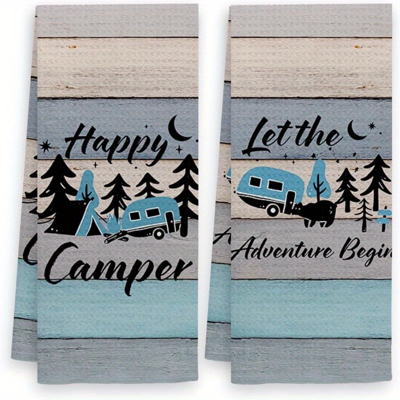 

2-piece Kitchen Towel Set - Modern Woven Polyester Dish Cloths, Cartoon Camping Theme, Machine Washable, Super Soft Oblong Hand Towels For Kitchen, Rv Decor, And - 18x26 Inches