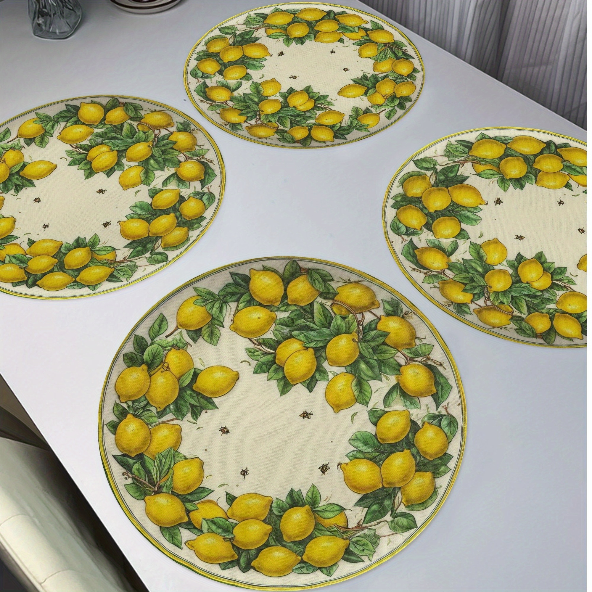 TEMU 4pcs Lemons Patteren Placemats, Round Table Mats Seasonal Non-slip Washable Table Mats Placemats For Holiday Banquet Kitchen Party Dining Table