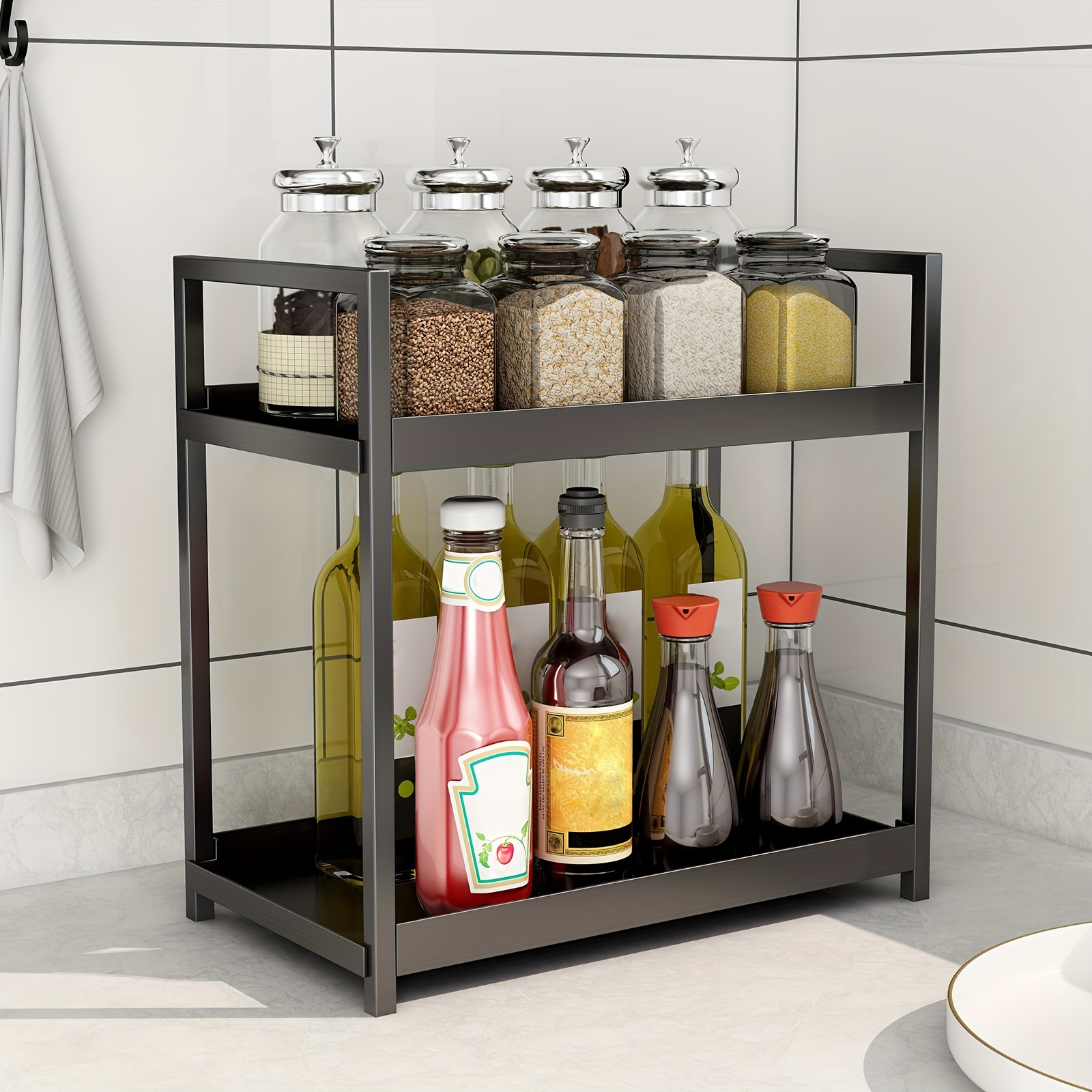 

2-tier Black Plastic Spice Rack - Countertop Organizer For Kitchen, Bathroom & Bedroom