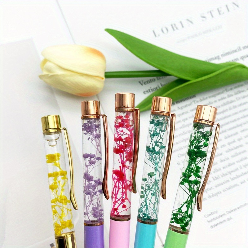 

5pcs Creative Diy Oil-dry Flower Pens With Twist Cap, Stainless Steel, Medium Point, Round Shape, Random Color For Office & School Supplies