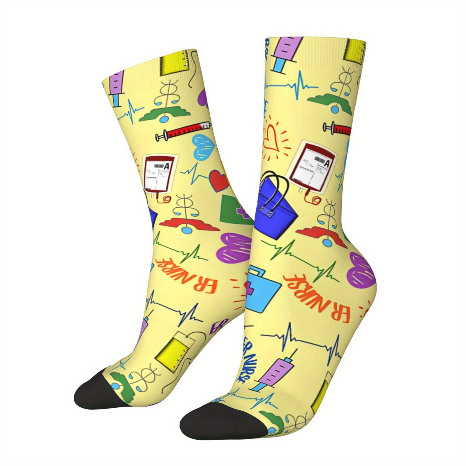 

Nurse-themed Socks For Men - Polyester Knit Fabric With Elastane, Hand Washable, Crew Length With Cushioned Bottom, Seamless Toe, Fun Random Prints - 1 Pair