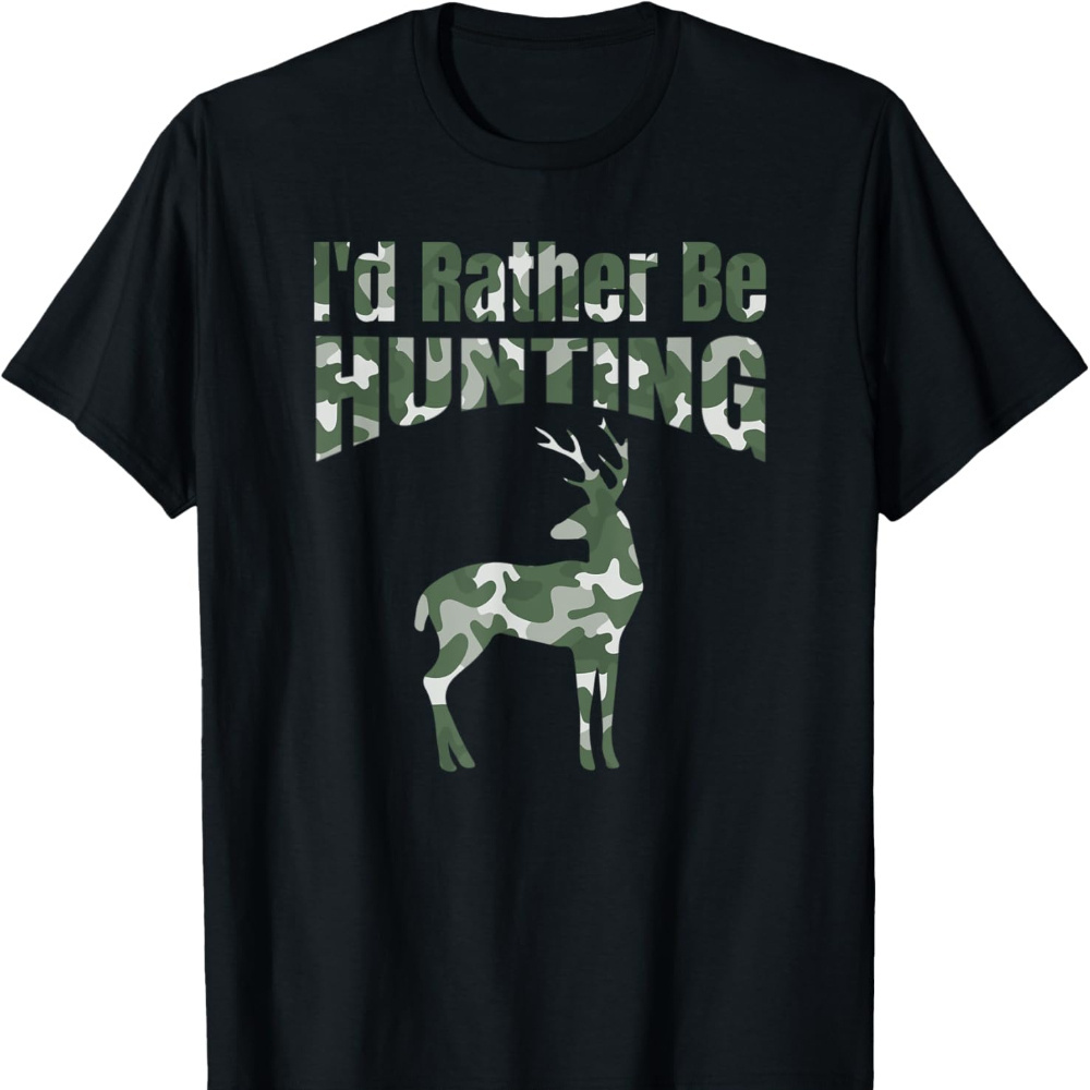 

I'd Rather Be Hunting Funny Quote Deer Camo Pattern T-shirt Cotton Tops Short Sleeve, Short Sleeve Tee, Boys', Crew Neck Tee,