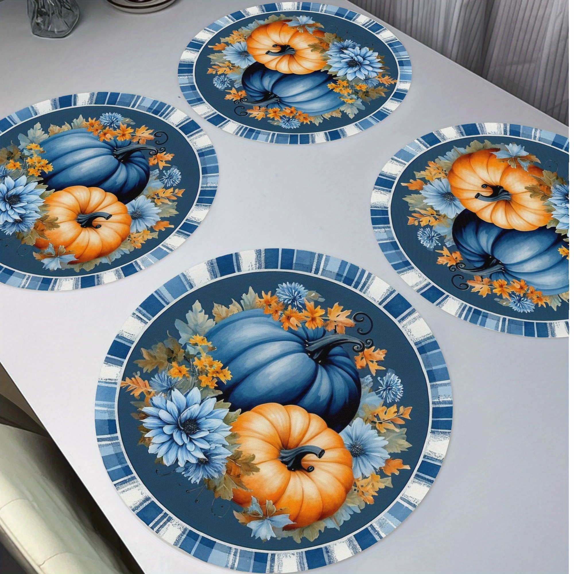 

4pcs Placemats Set - Fall Pumpkins & Check , , , And Polyester Table For Dining, , And Seasonal