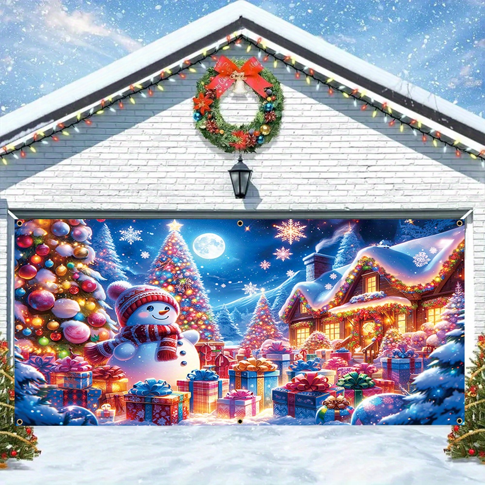 

2d Door Banner 1pc Winter Polyester Garage Door Banner - Snowman, Christmas Tree, Gifts Design - , Easy To Hang, Multipurpose Outdoor Decoration For Christmas, New Year, Parties