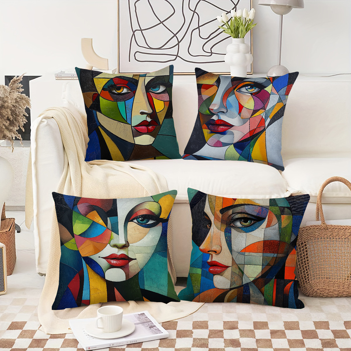 4pcs geometric abstract   throw pillow covers double sided printed polyester cushion covers with zipper closure vibrant yellow blue red contemporary art for living room bedroom sofa decor no insert included pillow covers for living room bedroom accessories   accents   fabric artistic prints hand wash only accent pillows gift   Product details 5