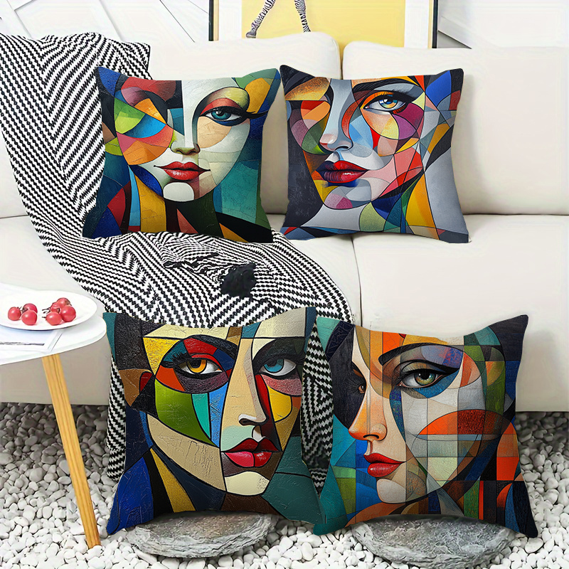 4pcs geometric abstract   throw pillow covers double sided printed polyester cushion covers with zipper closure vibrant yellow blue red contemporary art for living room bedroom sofa decor no insert included pillow covers for living room bedroom accessories   accents   fabric artistic prints hand wash only accent pillows gift   Product details 0