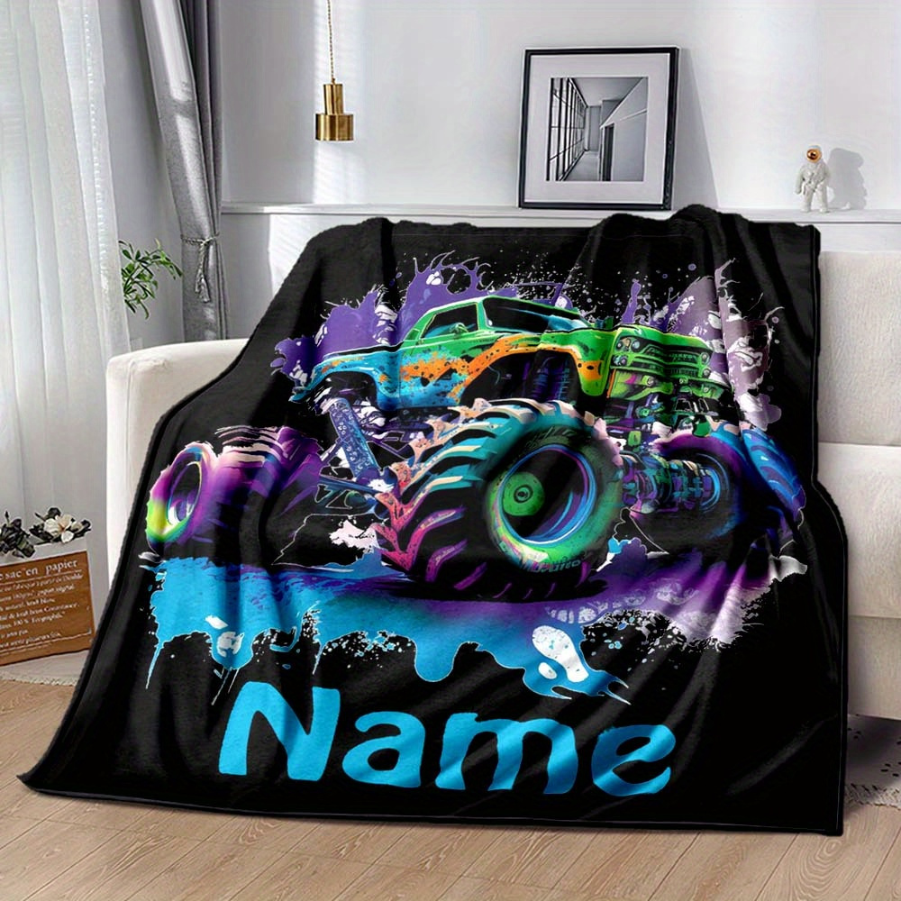 

Personalized Cartoon Monster Truck Flannel Blanket - Soft, Cozy & Warm For Couch, Bed, Travel | Custom Name Option | Perfect Gift For All