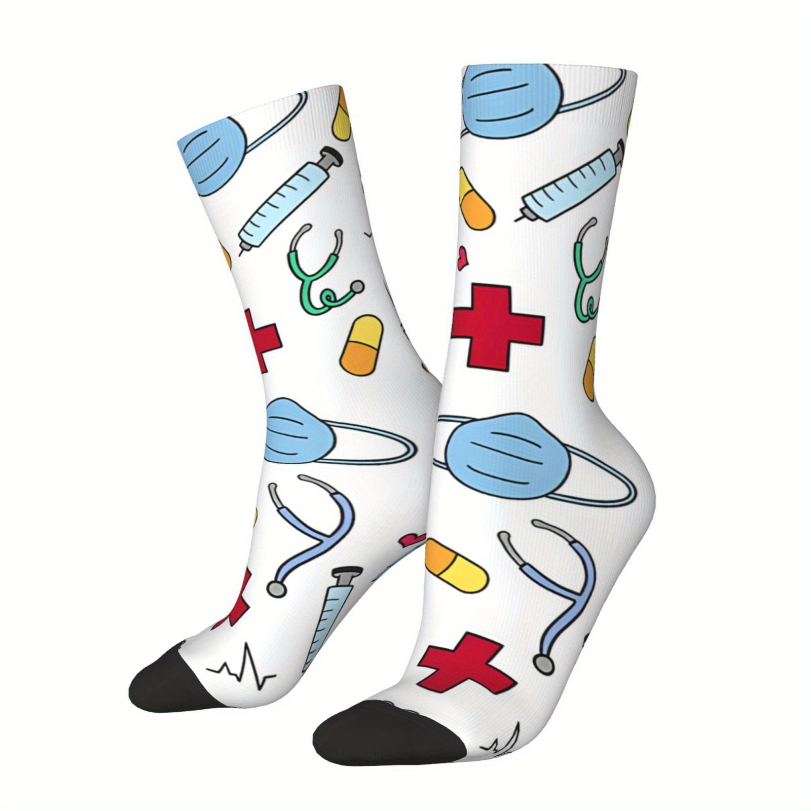 

1 Pair Hip Hop Retro Nurse Print Men's Socks, Pattern, Funny Novelty Socks, Polyester And Elastane, Hand Wash Or