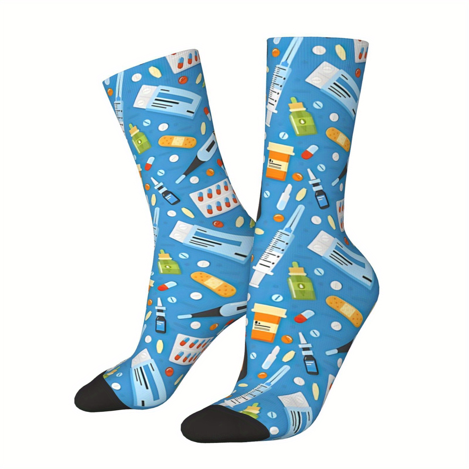 TEMU 1 Pair Funny Items On Blue Men's Socks Vintage Harajuku Hip Hop Novelty Seamless Crew Crazy Sock Gift Printed