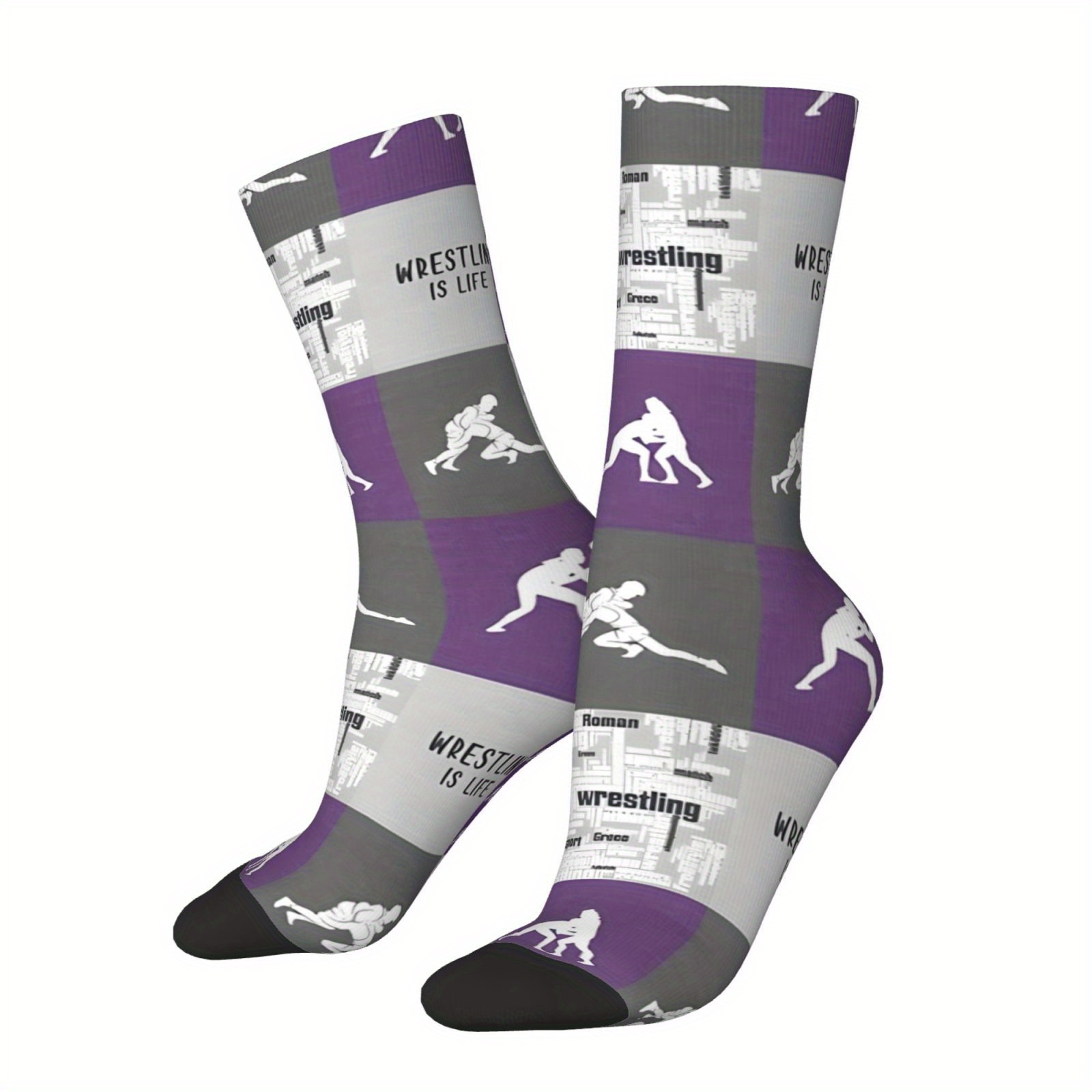 

1 Pair Men's Novelty Socks, Vintage Hip Hop Print, Purple Wrestling "life" Design, Knit With Polyester & Elastane, Casual Crew , Gift Idea