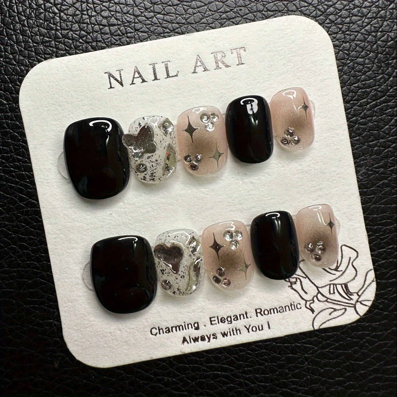 

Pure Handmade Nail Art Black Diamond 4 Pointed Star Halo Dyed Short Wearing Armor