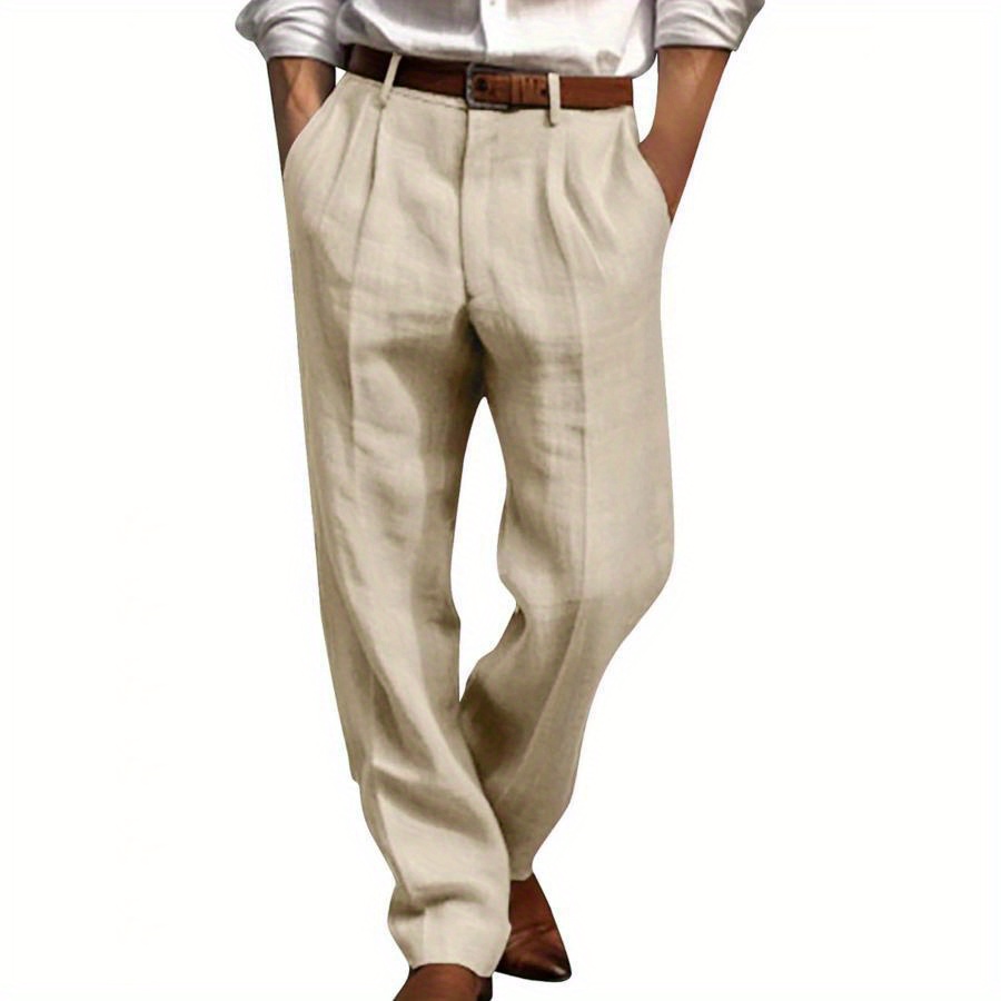 

Men's Linen- Pants - 100%, Mid-rise Straight Leg With Pleated Detail, Solid Color, Casual Trousers With Pockets For Wear