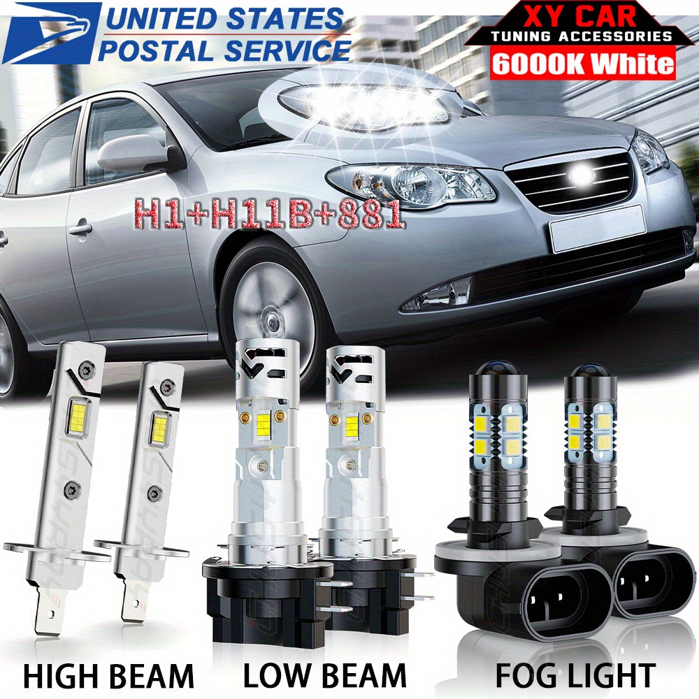 TEMU Led Headlight Hi/ Low & Fog Light 6pcs For Elantra 2007 2008 2009 2010, Without Battery