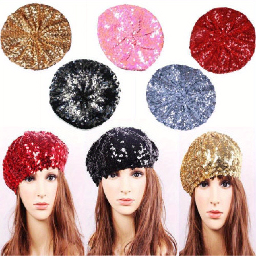 

Women Shining Sequins Beret Hat Stretchy Beanie Dancer Singer Hats For Fours