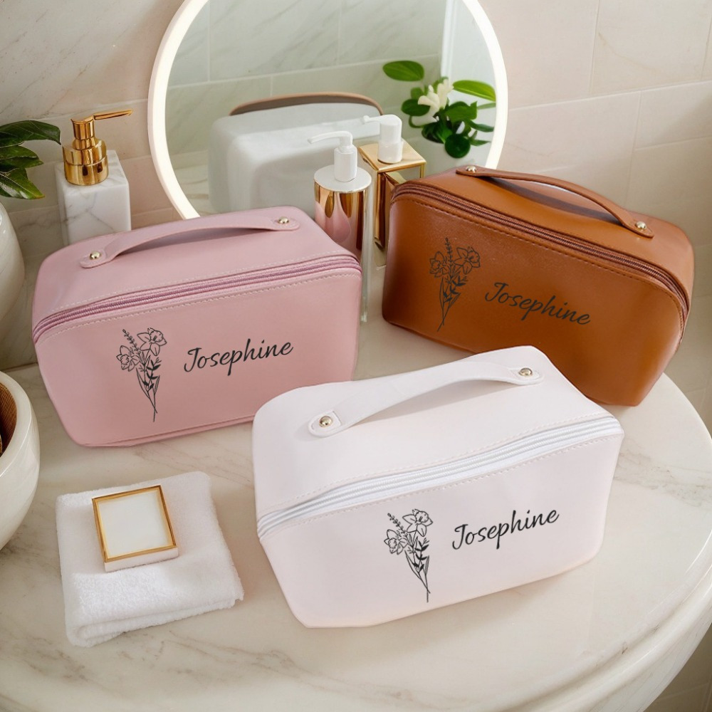 

1pc Personalized Leather Makeup Bag With Custom Name And Birth Month Flower, Unscented Travel Cosmetic Pouch For Women, Ideal For Bridesmaids, Wedding, Graduation, Valentine's Day Gift