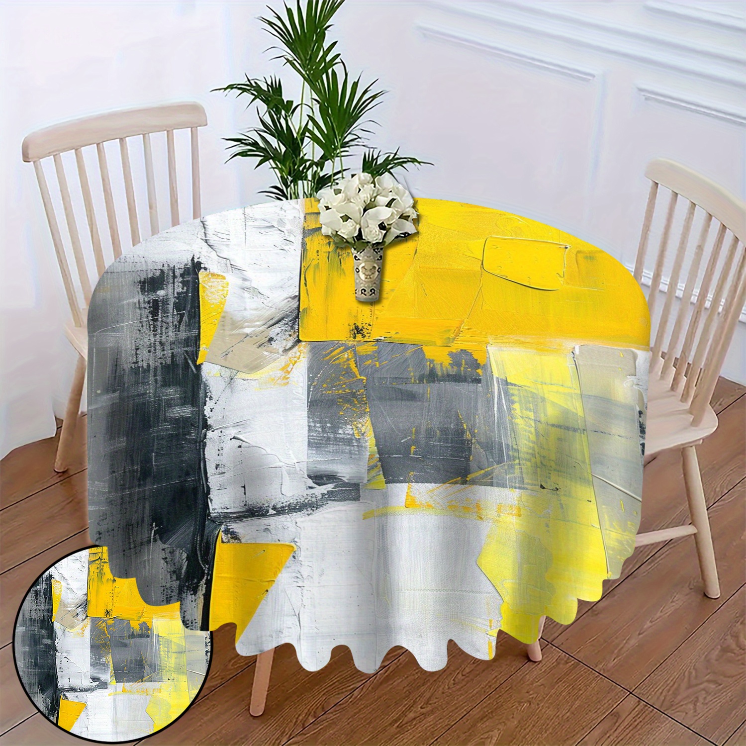 

Chic Yellow Graphic Round Tablecloth - Polyester, Dust-proof Cover For Living Room & Kitchen Decor, Round Shape