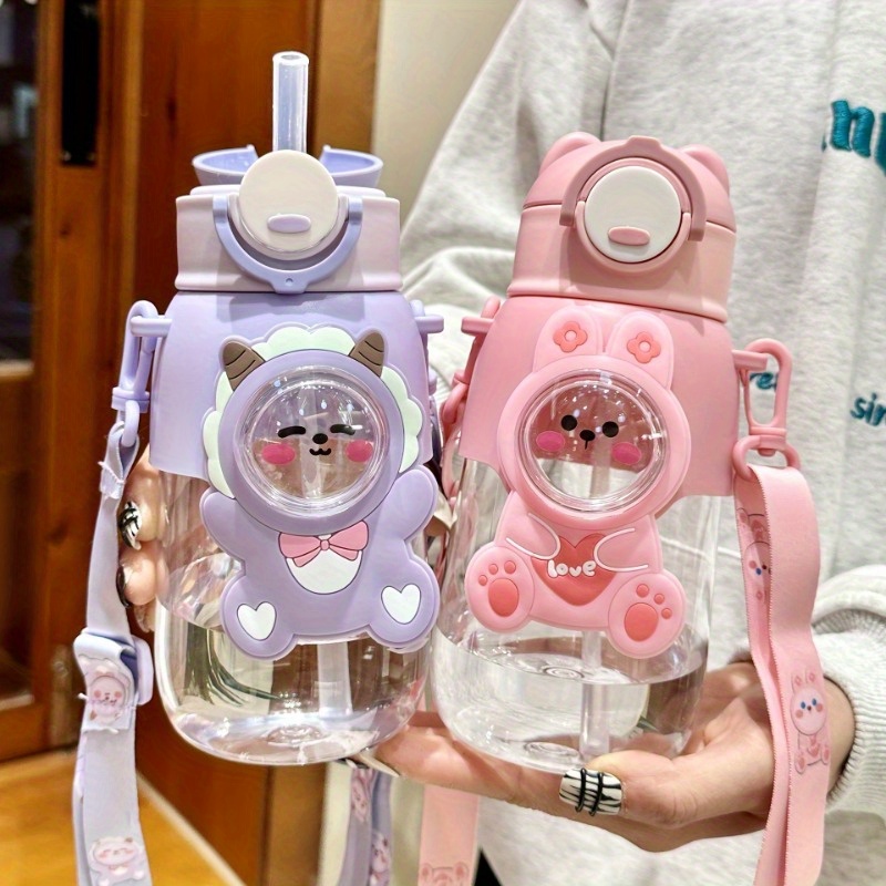 

1pc, Cute Cartoon Water Bottle With Straw, Leak-proof Flap, Hand Washable Only, Round, Ideal For Outdoor Activities, Travel And Fitness