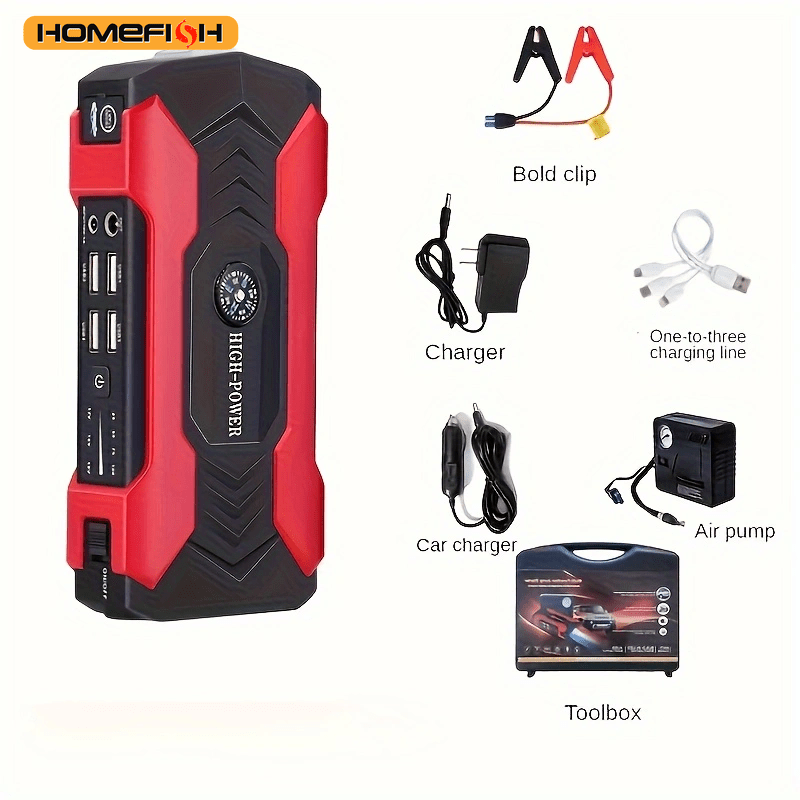 

A Portable 29800mah Car Starting Charger Emergency Power Supply, Suitable For Mobile Phones, Cars, Motorcycles, Yachts, And Outdoor Activities Emergency , With Flashlight, Compass, Pump, And Toolbox