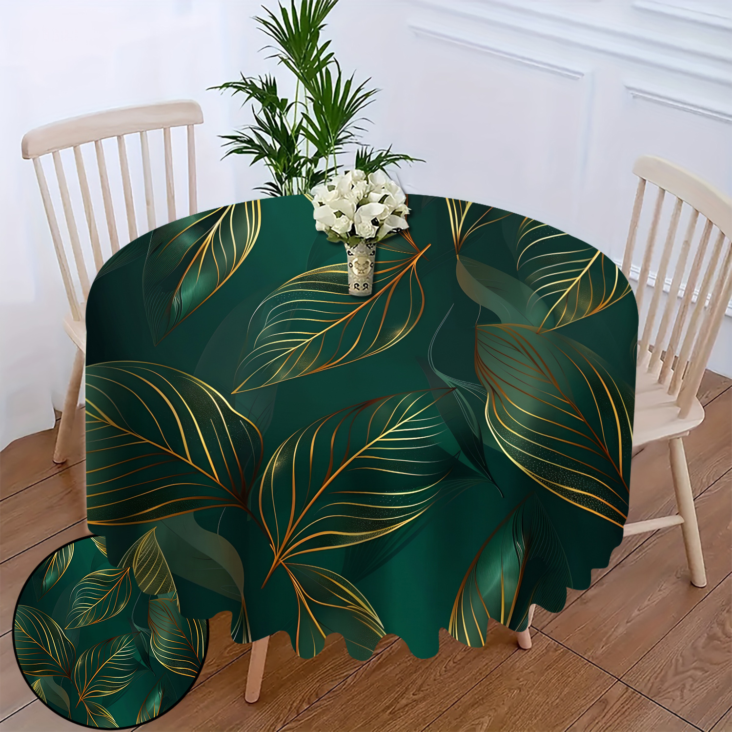 

Elegant Golden-tone Leaf Design Round Tablecloth - Polyester, Dustproof & Decorative For Living Room And Dining Area