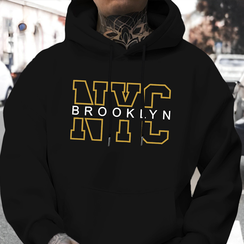 

Men' Hoodie, Nyc Letter Print, Casual Pullover Sweatshirt, Comfortable Long Sleeve With Drawstring, Regular Fit, Polyester Knit, Crew Neck, Stretch Fabric, Fall/winter Top