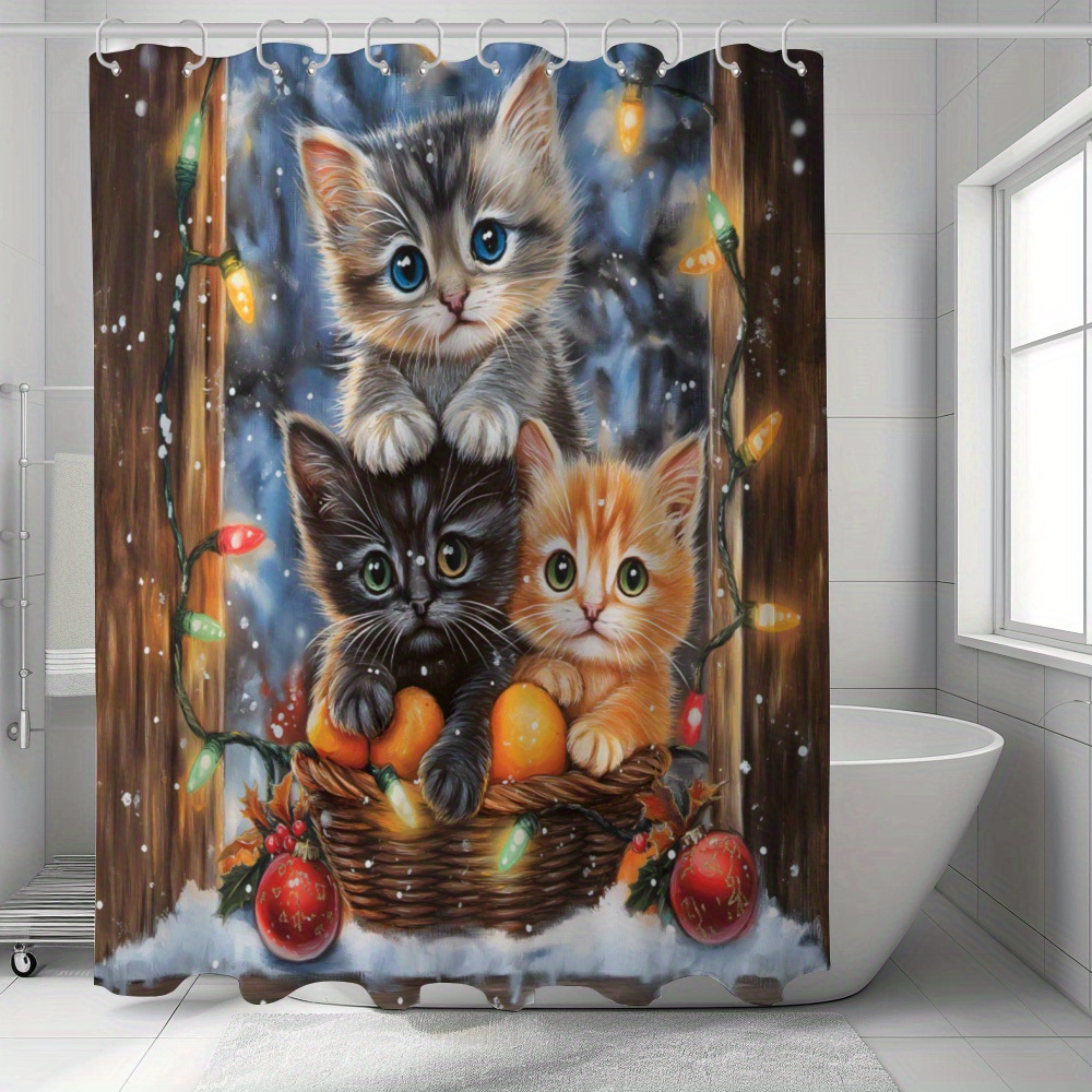 

Merry Christmas Kitten Shower Curtain - Waterproof, Machine Washable With 12 Hooks Included - Festive Bathroom Decor & Holiday Gifts, Best For Christmas