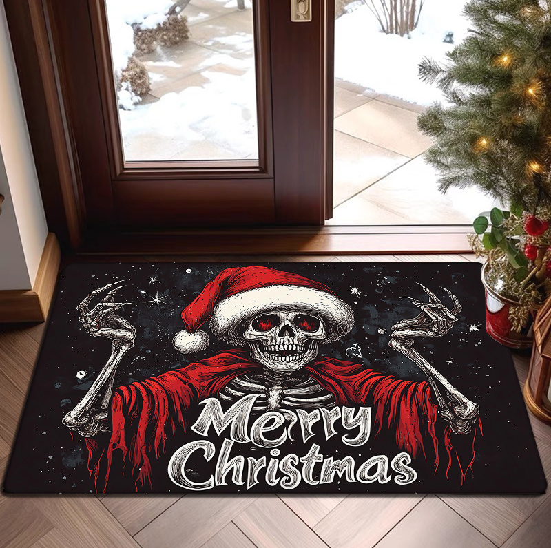 christmas skull doormat machine washable polyester holiday mat with non slip backing low pile machine made fade resistant funny gothic decor for home entrance bedroom living room details 0