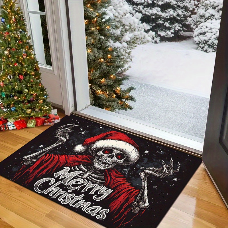 christmas skull doormat machine washable polyester holiday mat with non slip backing low pile machine made fade resistant funny gothic decor for home entrance bedroom living room details 1