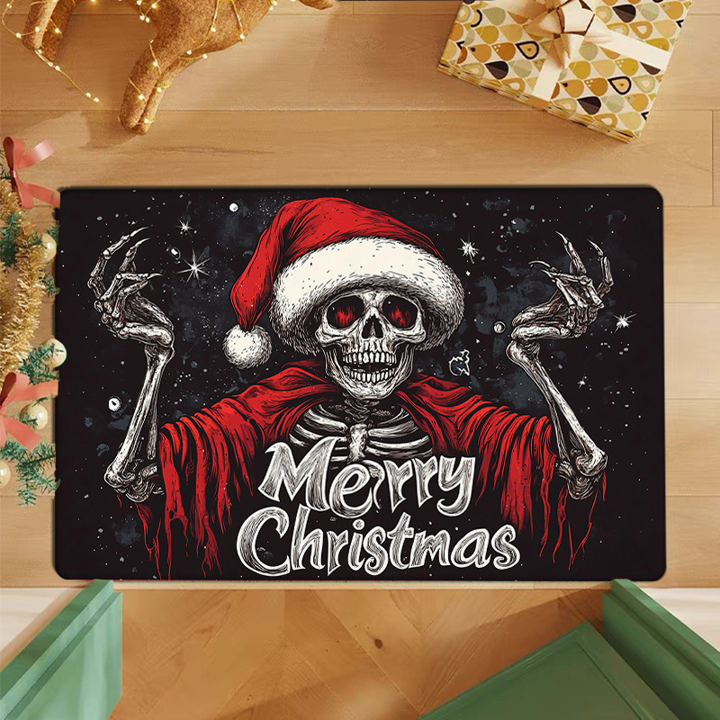 christmas skull doormat machine washable polyester holiday mat with non slip backing low pile machine made fade resistant funny gothic decor for home entrance bedroom living room details 3