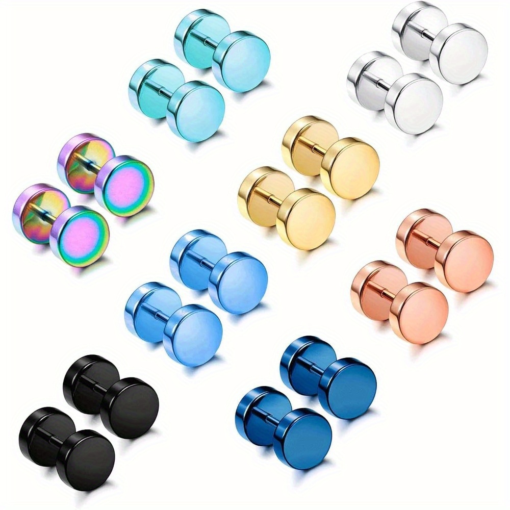 

Stainless Steel Screw Back Stud Earrings Set For Men And Women, 8 Pairs, Sporty Solid Flat Disc Shaped Ear Plugs, Faux Gauges Piercing Jewelry, No Plating – 8mm