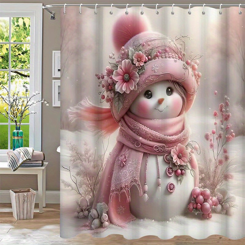 

1pc Christmas Pink, Snowman Shower Curtain, Waterproof Polyester, With 12 Hooks, Gram Machine Washable, Bathroom Decor, Christmas Decorations For Home