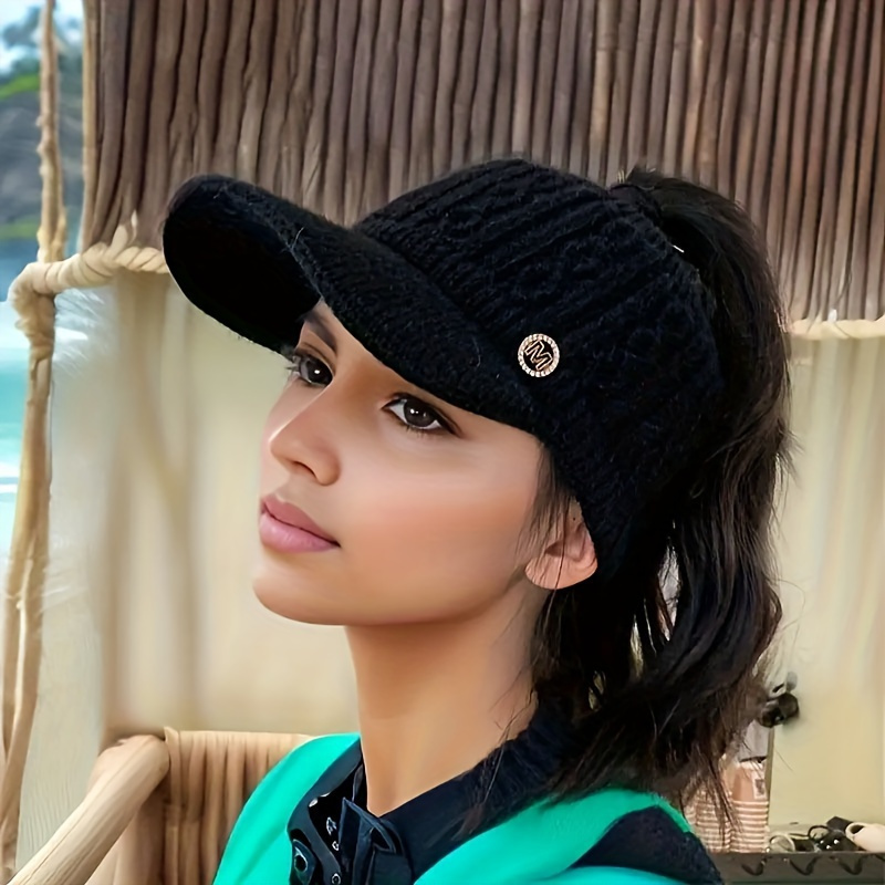 

Women's Winter Knit Baseball Cap | Open Top Ponytail Design | Thick Velvet Lining | Elastic Polyester | Ear Flaps For | Stylish Black With Metallic Emblem, Ladies Winter Hats