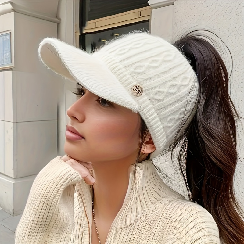 

1pc Women's Winter Knit Beanie With Ear Flaps, Ponytail Baseball Cap, Fleece Lined, Stretchable, Featherless, Hand Washable, Polyester Visor Cap For Outdoor