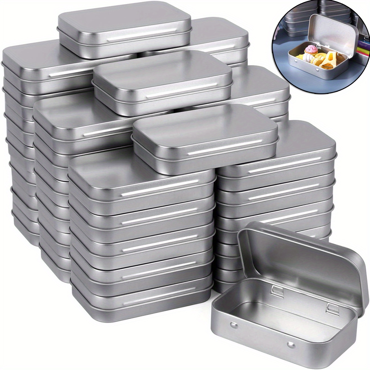 TEMU 60pcs Metal Rectangular Empty Hinged Tins Silvery Mini Portable Box Containers Small Storage Kit & Home Organizer Small Tins With Lids Craft