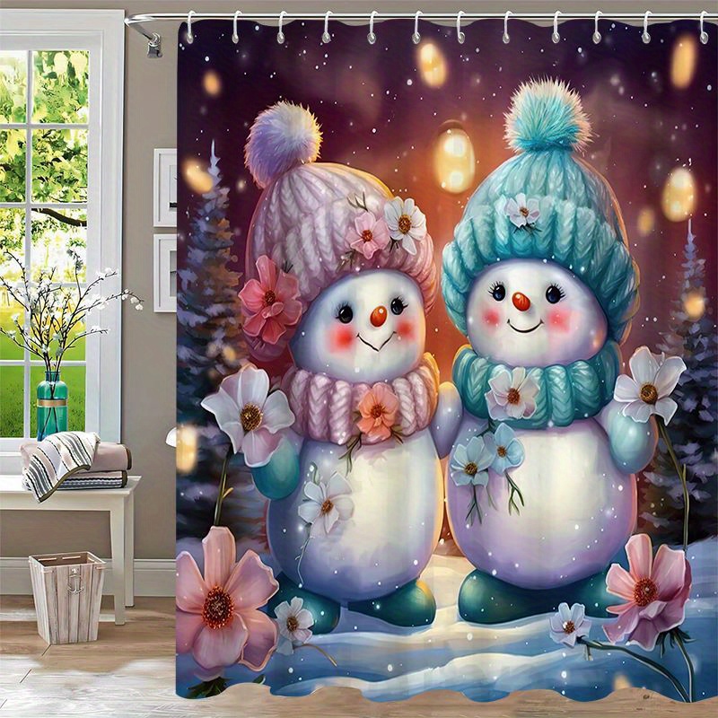 

Knit Weave Polyester Bath Panel With Snowman & , Water-resistant, Includes 12 Hooks, Machine Washable, Universal Holiday Bathroom Decor