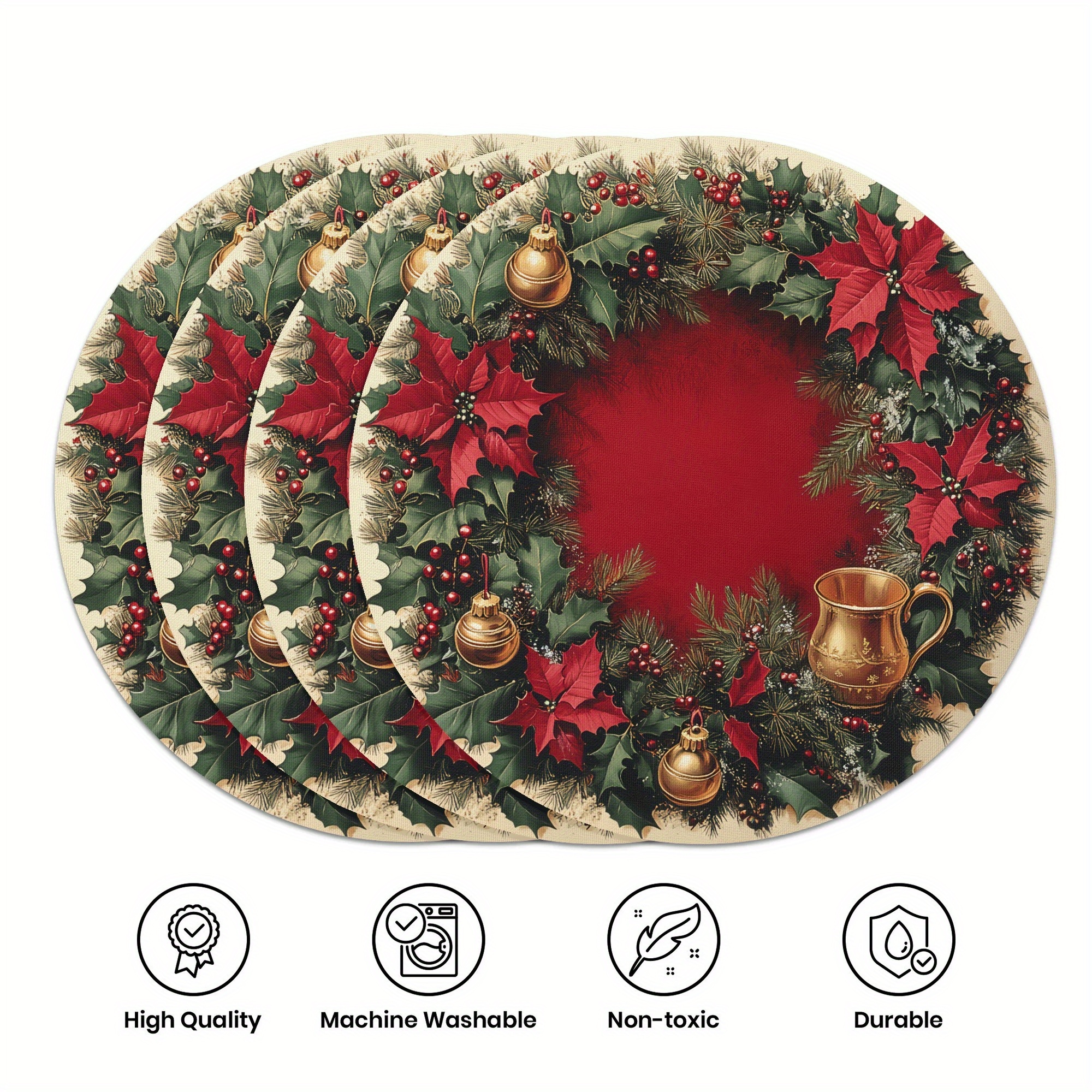 

4pcs Set Christmas Placemats - 15" Round, Single-sided With Tree & Bell Designs For Holiday Dining Decor Holiday Decorations