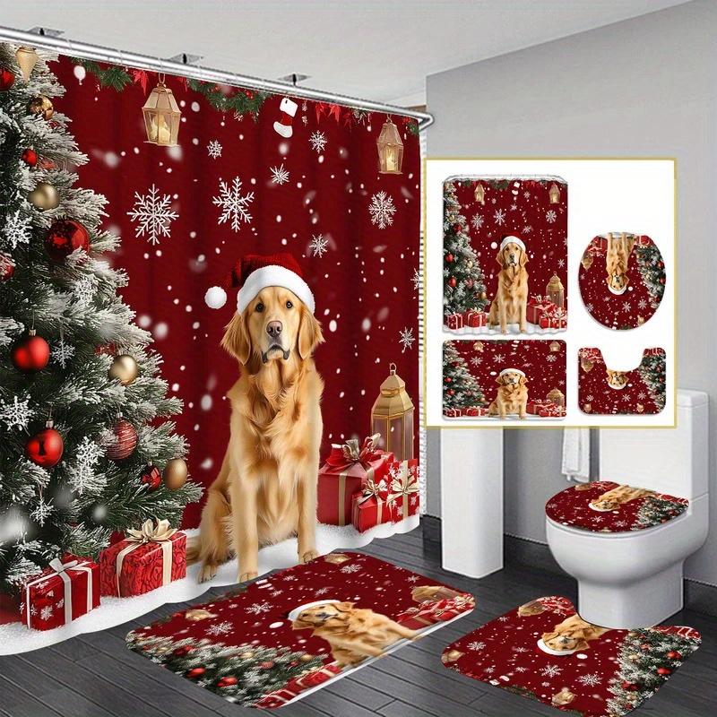 

4pcs Christmas Puppy Shower Curtain Set - Waterproof Polyester With 12 Hooks, Non-slip Bath Mat & U-shaped Rug For Bathroom Decor, Shower Curtain Sets For Bathrooms