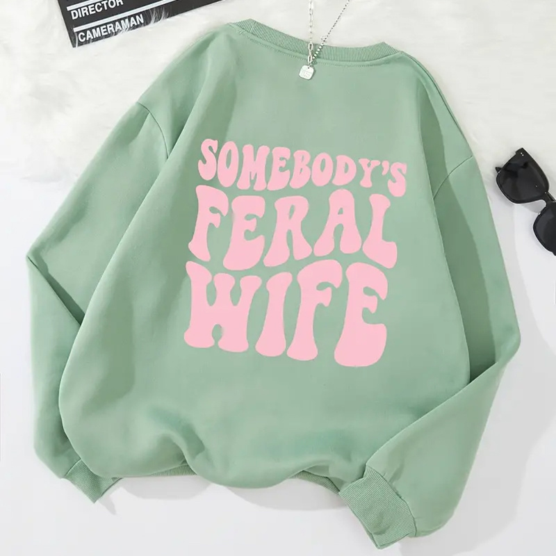 

Casual Crew Neck Sweatshirt Women's - 100% Polyester Knit Fabric - Fall/winter Alphabet Print Pullover - Cozy Long Sleeve Tops - Feral Wife Graphic Sweatshirt