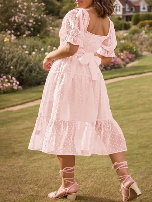 plus size womens square neck dot puff sleeve ruffle short sleeve dress